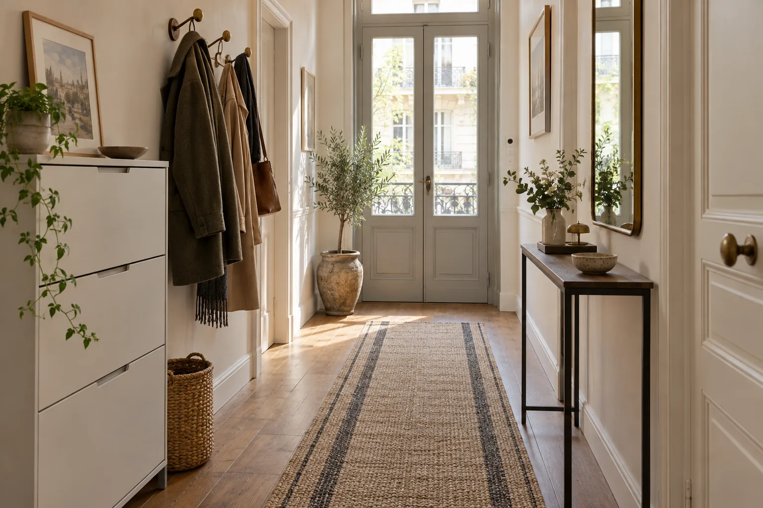 Entrée d'appartement avec meuble à chaussures, patères, miroir et tapis de passage