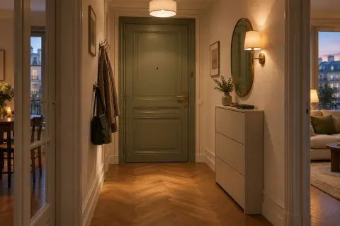 Entrée éclairée le soir par un plafonnier et une applique près du miroir