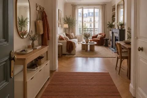 Entrée ouverte sur un séjour, délimitée par un tapis et une console fine