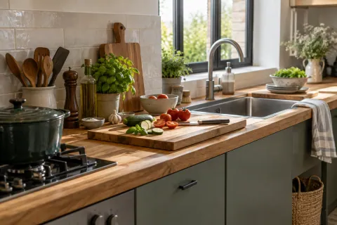 Cuisine en usage : plan de préparation dégagé et circulation libre autour de l’îlot
