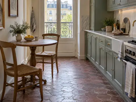 Petite table ronde avec chaises et passage libre dans une cuisine