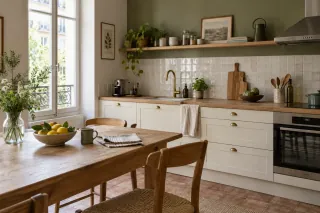 Cuisine habitée aux façades écrues, table en bois et mur vert olive près d'une fenêtre