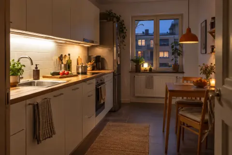 Plan de cuisine éclairé sous les meubles et table éclairée par une suspension le soir