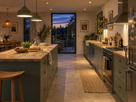 Vue du passage d’une cuisine éclairé au plafond en début de soirée