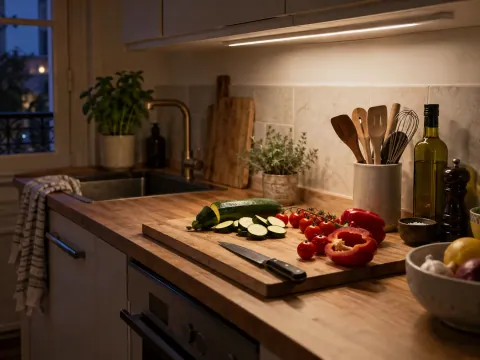 Plan de préparation éclairé sous les meubles pendant la découpe de légumes