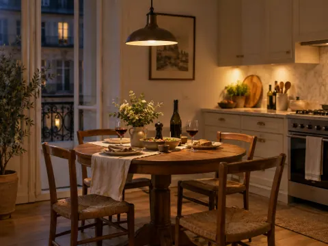 Table ronde de cuisine éclairée par une suspension pendant le repas