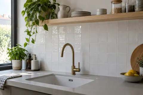 Crédence en carreaux clairs avec joints visibles près de l’évier et étagère en bois