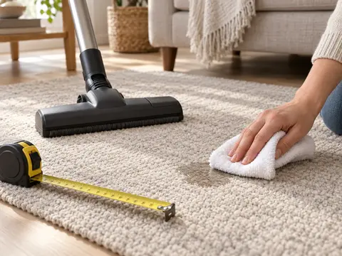 Main tamponnant localement une tache sur un tapis de salon près d’un aspirateur