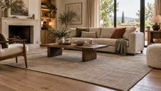 Grand tapis beige placé sous les pieds avant du canapé dans un salon lumineux