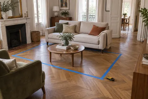 Ruban bleu au sol délimitant deux emprises de tapis sous un canapé et autour d’une table basse