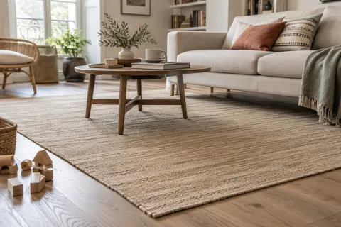 Détail d’un tapis à tissage plat sous une table basse