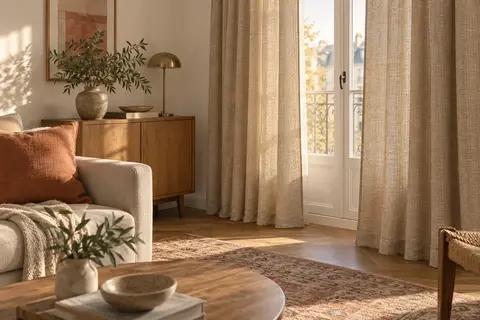 Rideaux écrus texturés rappelant les tons chauds d’un coussin et d’un tapis de salon