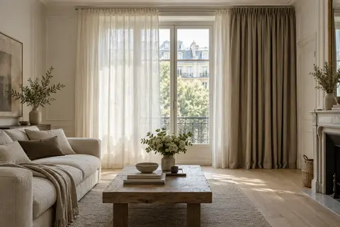 Voilage clair et panneau taupe plus dense sur une double tringle