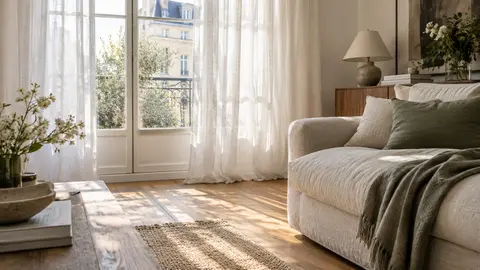 Voilage blanc filtrant doucement la lumière devant une fenêtre de salon