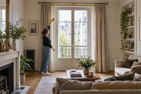 Une personne mesure la largeur de la tringle et la hauteur de pose des rideaux devant une porte-fenêtre de salon