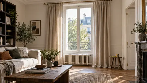 Rideaux longs encadrant une fenêtre de salon avec un radiateur visible et dégagé