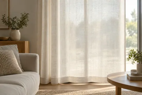Rideau tamisant écru à tissage serré diffusant une lumière douce sans vue nette vers l’extérieur