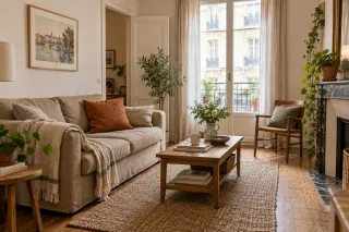 Salon de petit appartement avec canapé beige, table en bois et touches terracotta