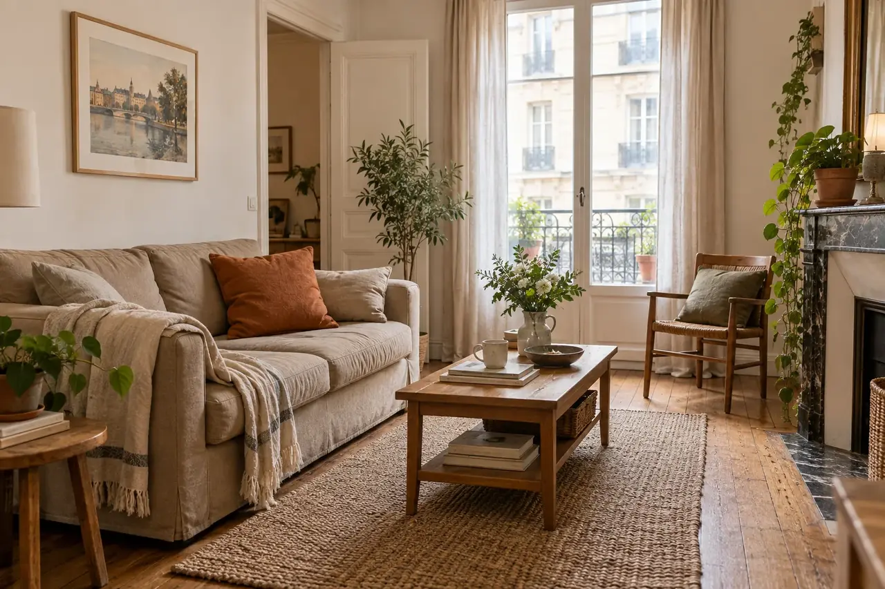 Salon de petit appartement avec canapé beige, table en bois et touches terracotta
