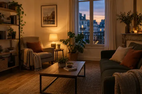 Coin lecture éclairé par une petite lampe à poser dans un salon à la tombée du jour