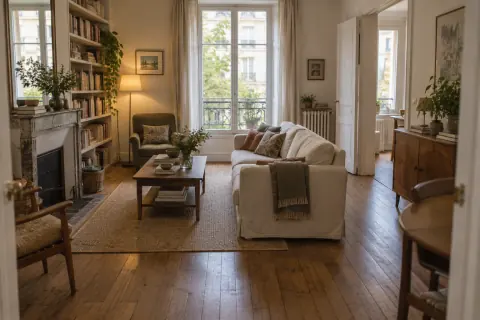 Salon réagencé avec passage dégagé entre la porte, le canapé et la fenêtre