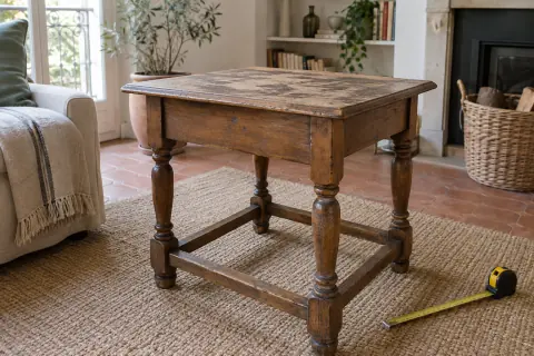 Table d’appoint ancienne en bois avec mètre ruban posé près du piètement