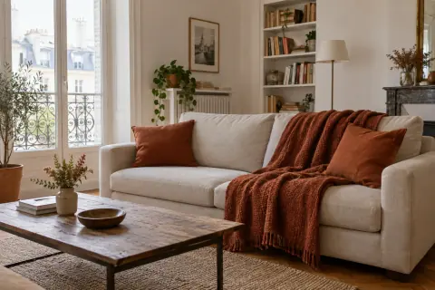Canapé beige animé par un plaid et deux coussins terracotta