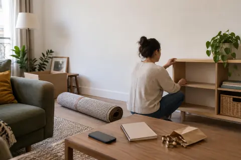 Étagère déplacée, tapis roulé et carnet de vérification avant le départ d’un logement loué
