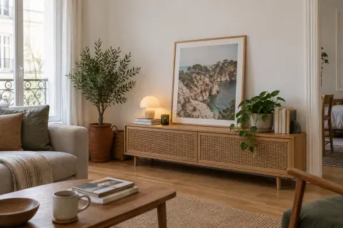 Estampe encadrée posée sur une console dans un salon loué sans fixation murale