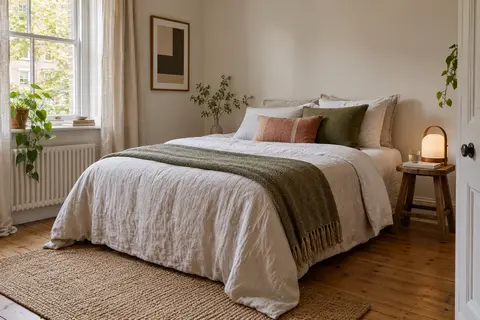 Chambre locative aménagée avec lampe d’appoint et textiles sobres