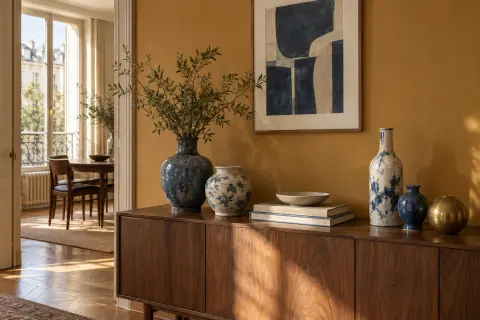 Céramiques bleues et blanches, livres et objet en laiton regroupés sur une console en noyer