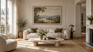Grand tableau encadré au-dessus d’un canapé dans un salon lumineux