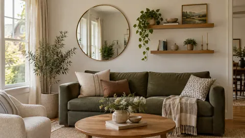 Miroir rond et étagères décoratives sur un mur de salon