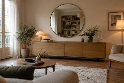Miroir rond au-dessus d'un buffet bas reflétant une bibliothèque dans un salon