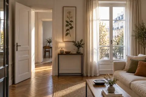 Tirage botanique vertical sur un pan de mur entre porte et fenêtre avec console étroite