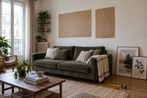 Gabarits en papier kraft fixés au mur au-dessus d'un canapé avant l'accrochage de cadres