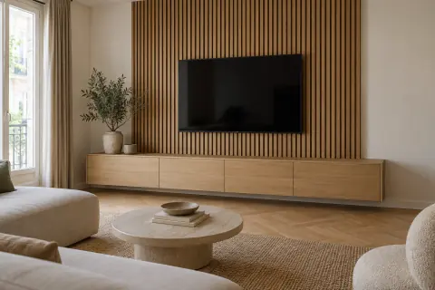 Mur derrière télévision habillé de tasseaux de bois et meuble bas coordonné