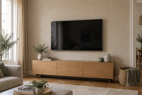 Téléviseur devant un papier peint texturé beige discret dans un salon