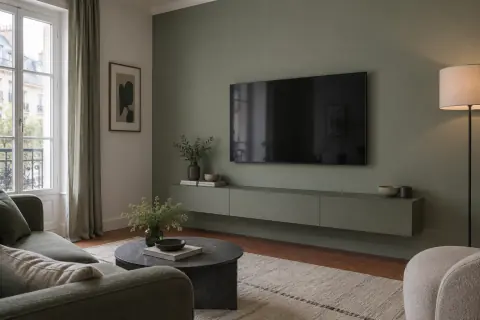 Téléviseur sur un mur de salon vert sauge mat avec meuble bas