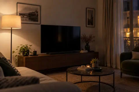 Salon le soir avec télévision éteinte et lampe posée à côté du meuble bas