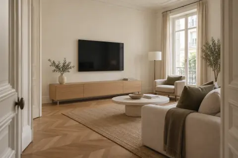 Vue depuis l’entrée d’un salon avec téléviseur sur un mur ivoire et meuble bas en chêne