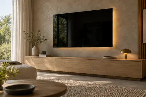 Téléviseur mural au-dessus d’un meuble bas dans un salon éclairé