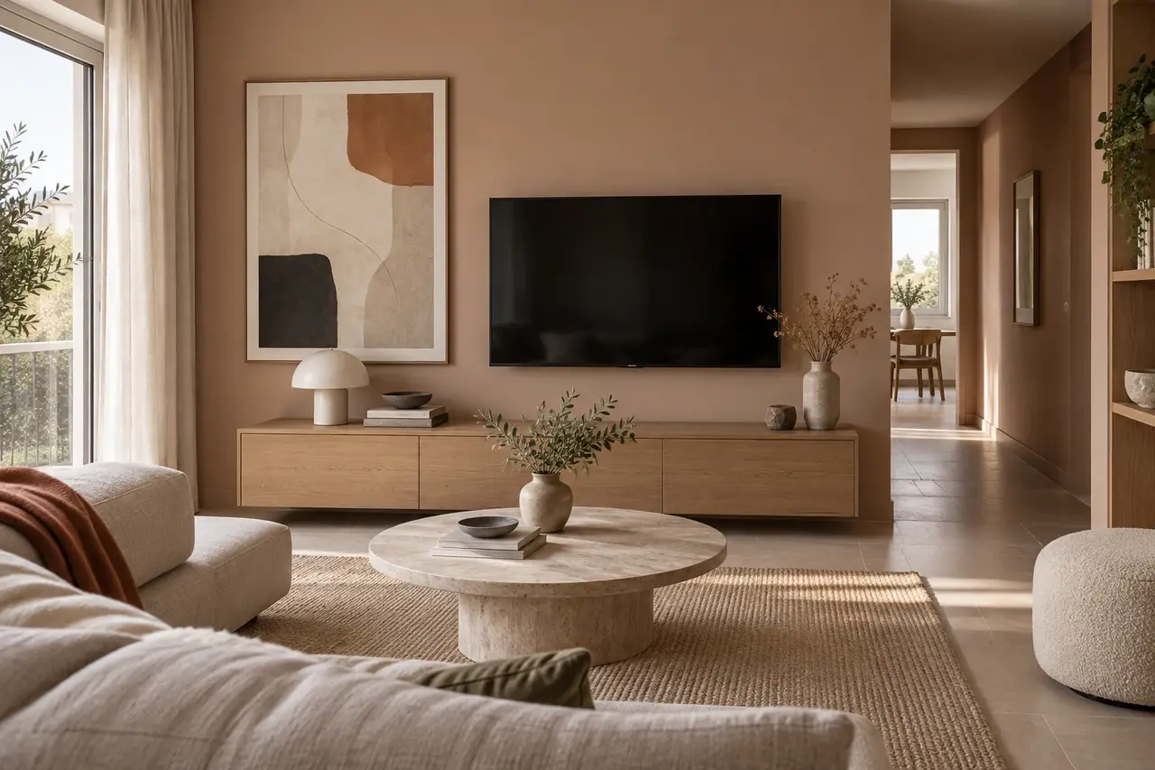 Téléviseur mural sur un fond beige avec meuble bas en bois clair