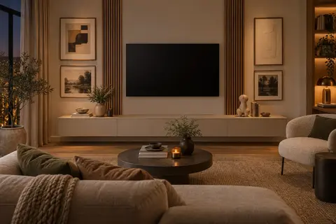Composition de salon autour d’un téléviseur avec meuble bas et objets latéraux