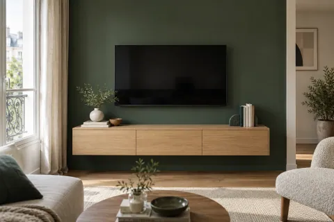 Salon avec mur télévision vert et meuble bas