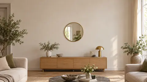 Grand miroir rond centré au-dessus d’une console dans un salon lumineux