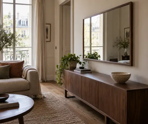 Miroir rectangulaire au-dessus d’une console en bois dans un salon