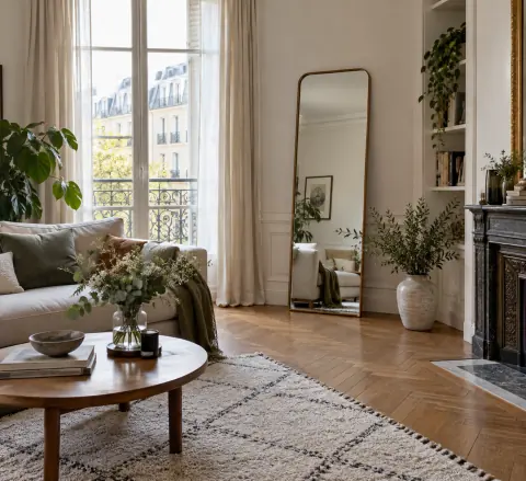 Grand miroir en pied près d’un mur de salon