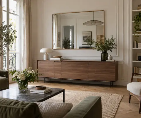 Miroir installé au-dessus d’un buffet dans un salon