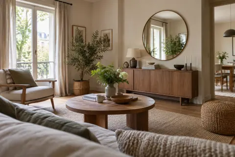 Miroir rond reflétant une fenêtre et de la verdure depuis un salon